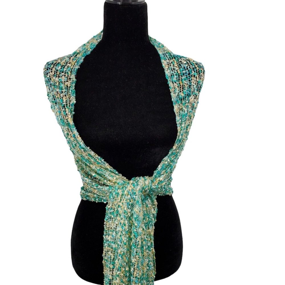 Shawl Wrap Green Multicolor Boucle Open Knit with Silver Shimmer 21x72"